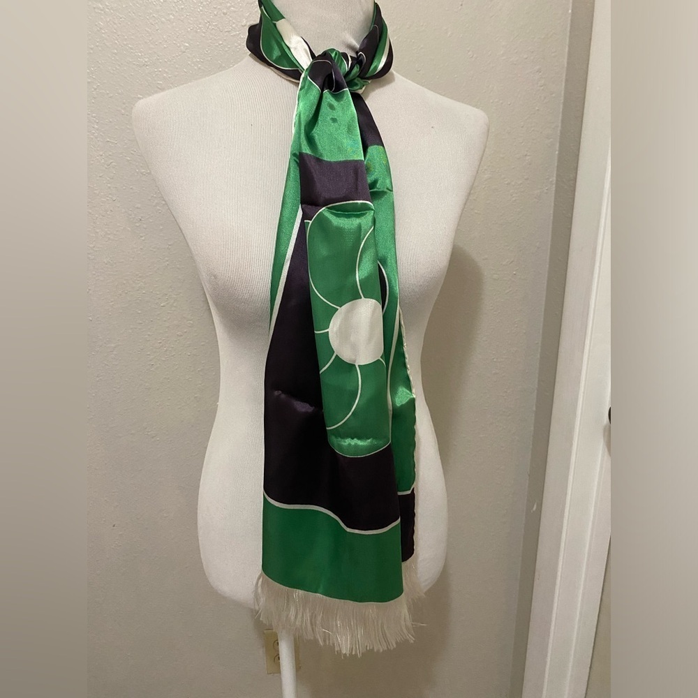 Vintage Geometric Floral with Fringe Silk Scarf/Wrap - Excellent Condition